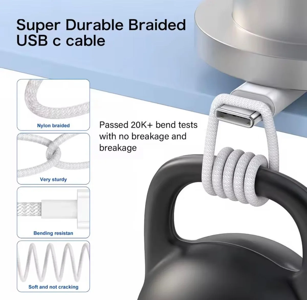 MDKG braided USB-C cable holding a kettlebell to show its strength
