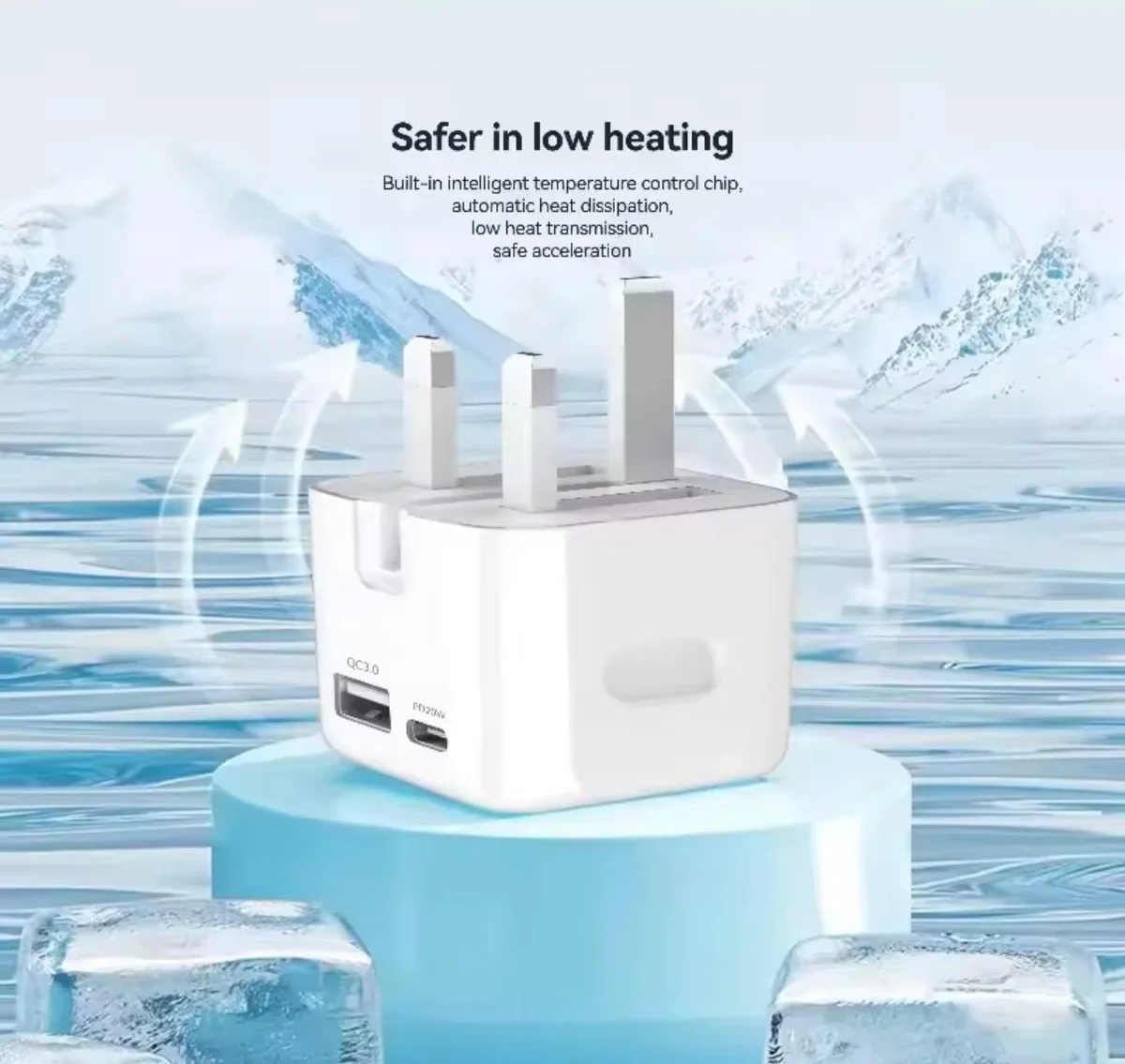MDKG fast charger shown on ice, illustrating low-heat charging
