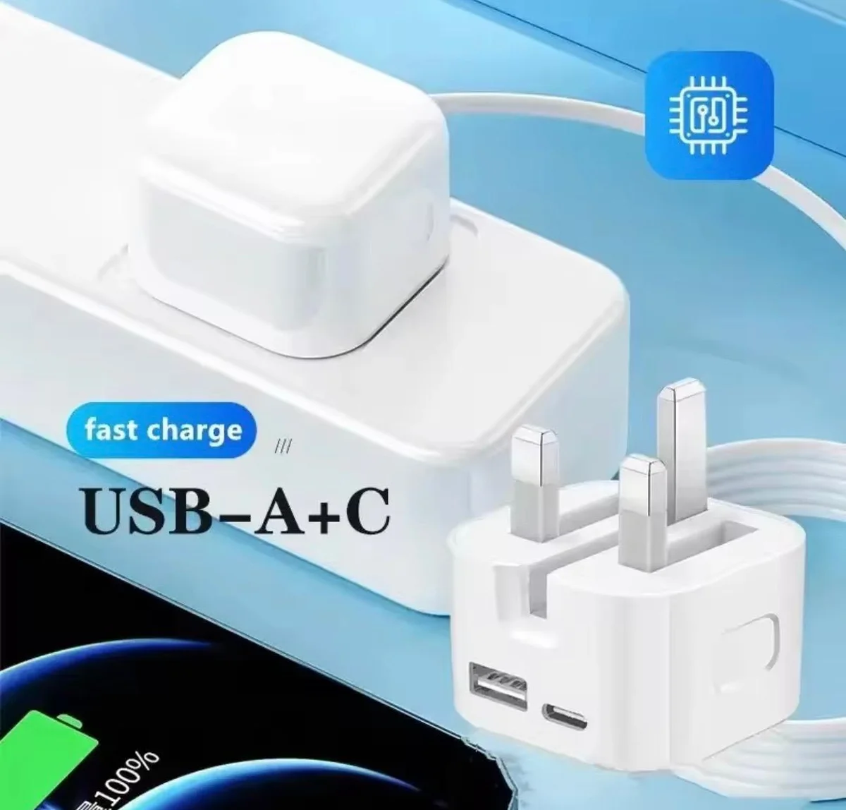 MDKG dual USB-A and USB-C fast charger plugged into an extension lead